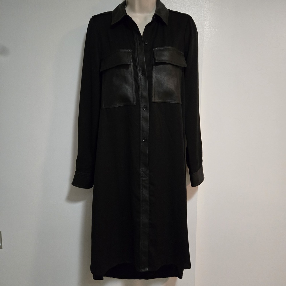 BCBG MAXAZRIA XS Black‎ Faux Leather Trimmed Shirt Dress High Low Oversize $248